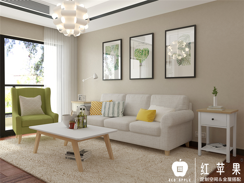布艺沙发搭配实木脚，米色地毯是否让你想要席地而坐？