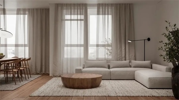 米灰色轻松让家居墙面保持一种现代简约的质感，但同时又显得更加出挑、高级一些，不妨试试这种别具特色的米灰色墙布窗帘。