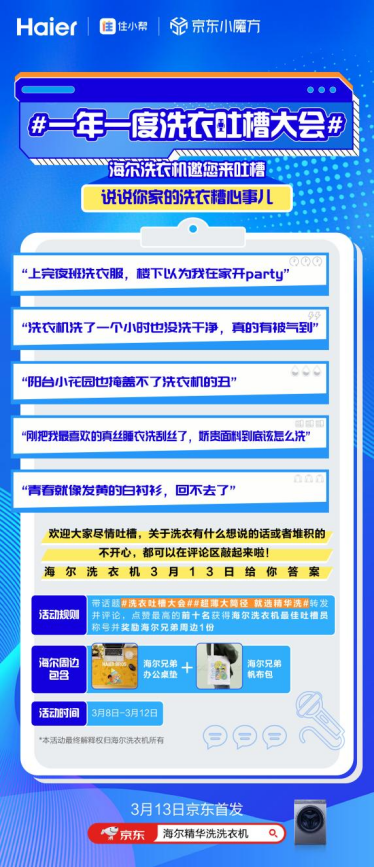 3月8日起，海尔洗衣机联合住小帮发起#一年一度洗衣吐槽大会#话题征集，引发网友的热烈讨论。