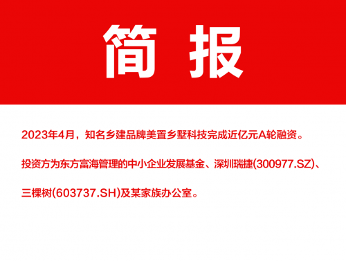 2023年4月，知名乡建品牌美置乡墅科技完成近亿元A轮融资。投资方为东方富海管理的中小企业发展基金、深圳瑞捷(300977.SZ)、三棵树(603737.SH)...