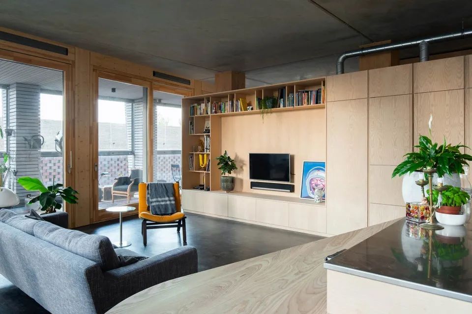 这座住宅位于荷兰阿姆斯特丹北部的一座大厦内，简单的材料和玻璃立面共同塑造出了强烈的空间感。设计的主要两个元素，一个是大面积的烟熏橡木地板，和白蜡木为饰面的三个“...