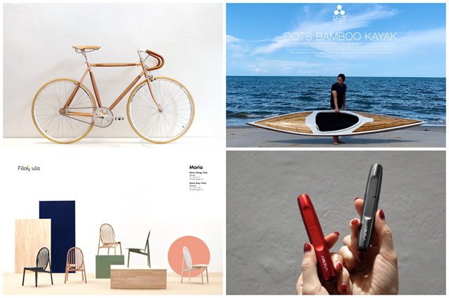泰国Dots Design Studio作品：（左上起至右下）木作自行车设计、获2023金点设计奖的竹制独木舟、为Filobula设计系列家具、为ARMA设计文具。