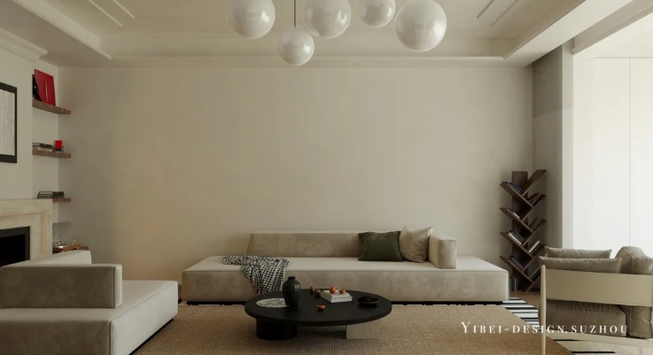 YIBEI   DESIGN   SUZHOU客厅采用舒缓的基调，电视墙造型和两侧收纳柜提升家庭仪式感。木制家具和复古吊灯，将美式的质朴与优雅融合，线条的延续将...
