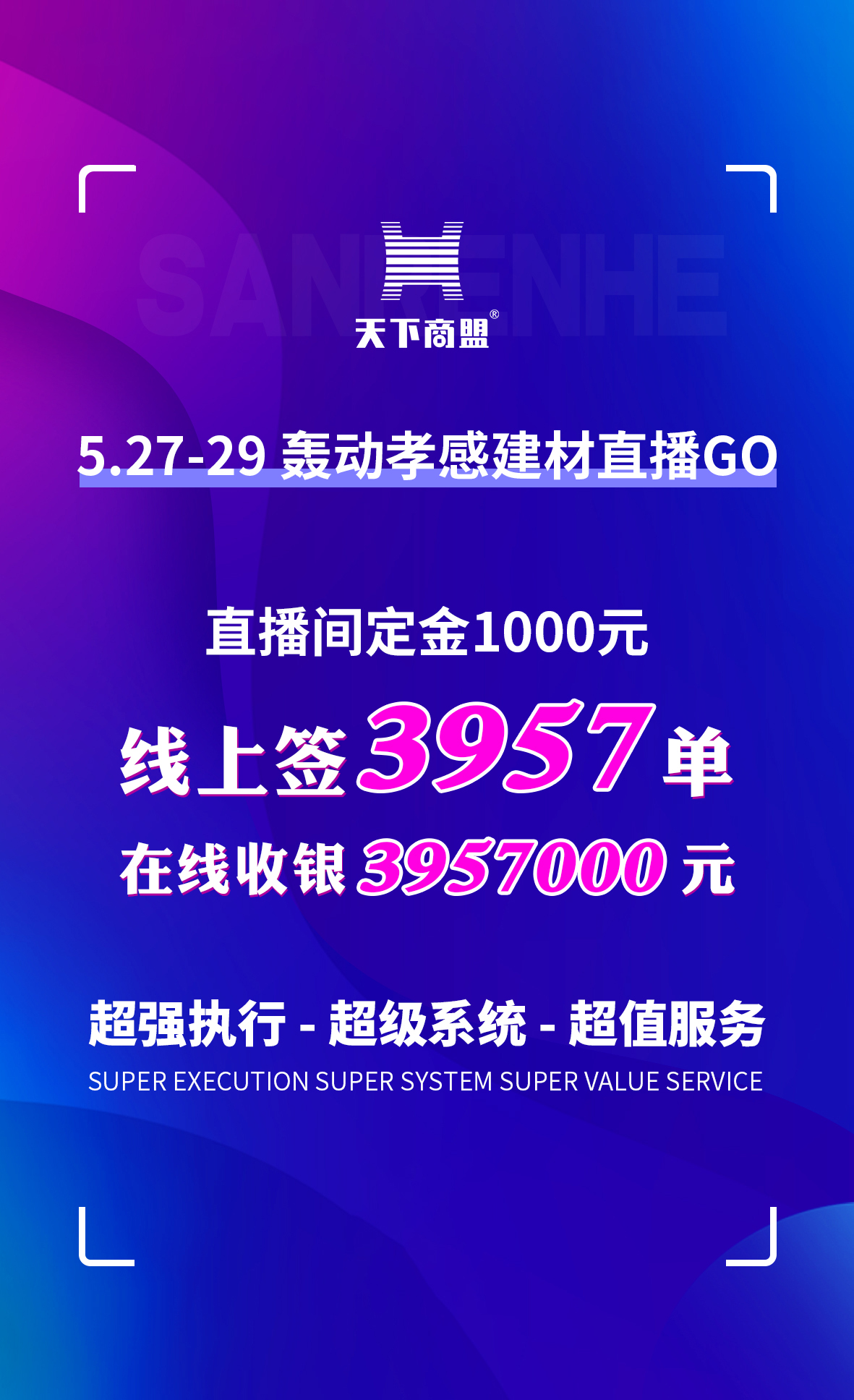 5月27-29日，三人禾携手孝感红星美凯龙重磅推出轰动孝感建材直播GO活动。在为期3天的直播中，24大品牌狂揽3957单（线上下订1000元/单），预收货款39...